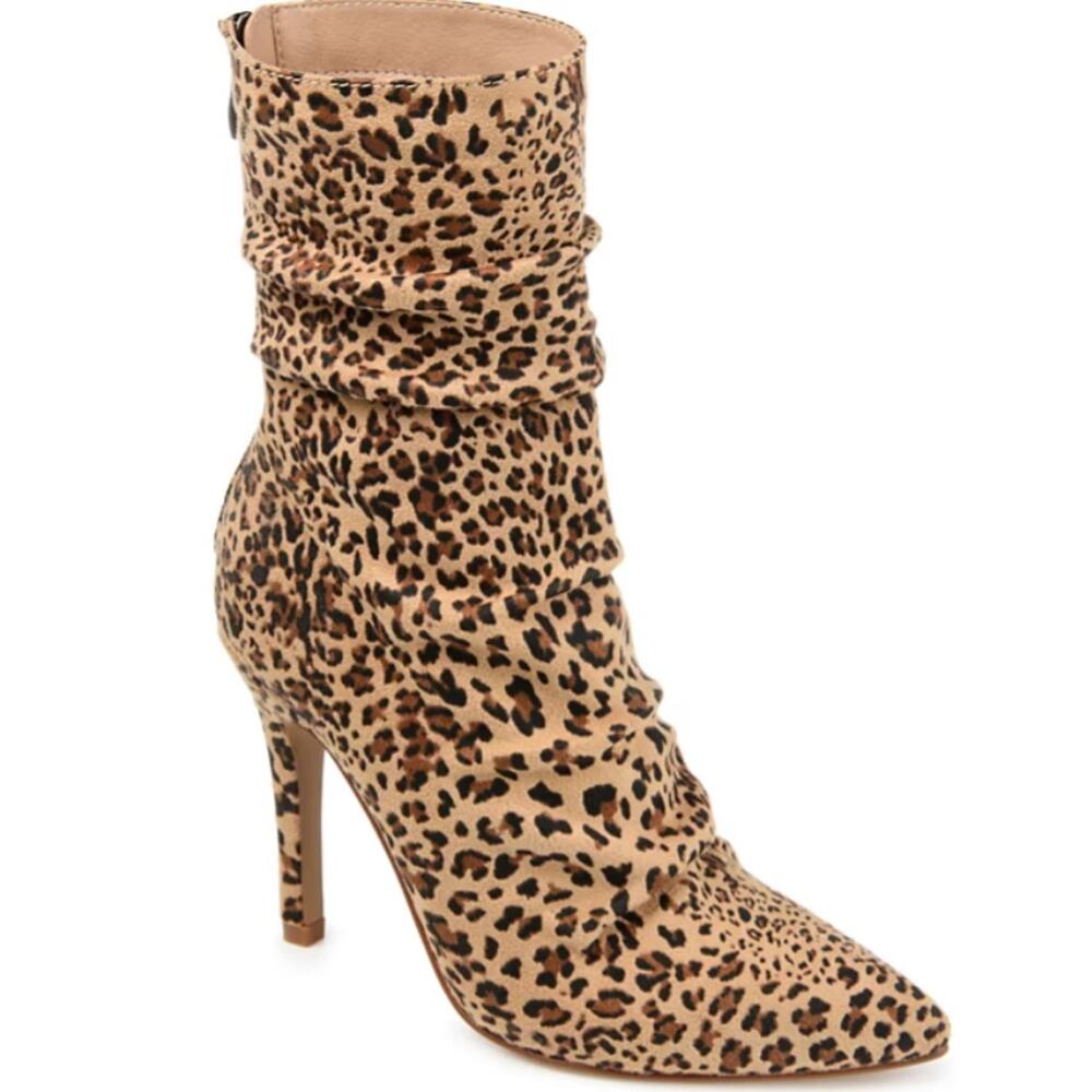 JOURNEE COLLECTION WOMENS MARKIE SLOUCH STILETTO BOOTIE TAN LEOPARD 9.5M NEW